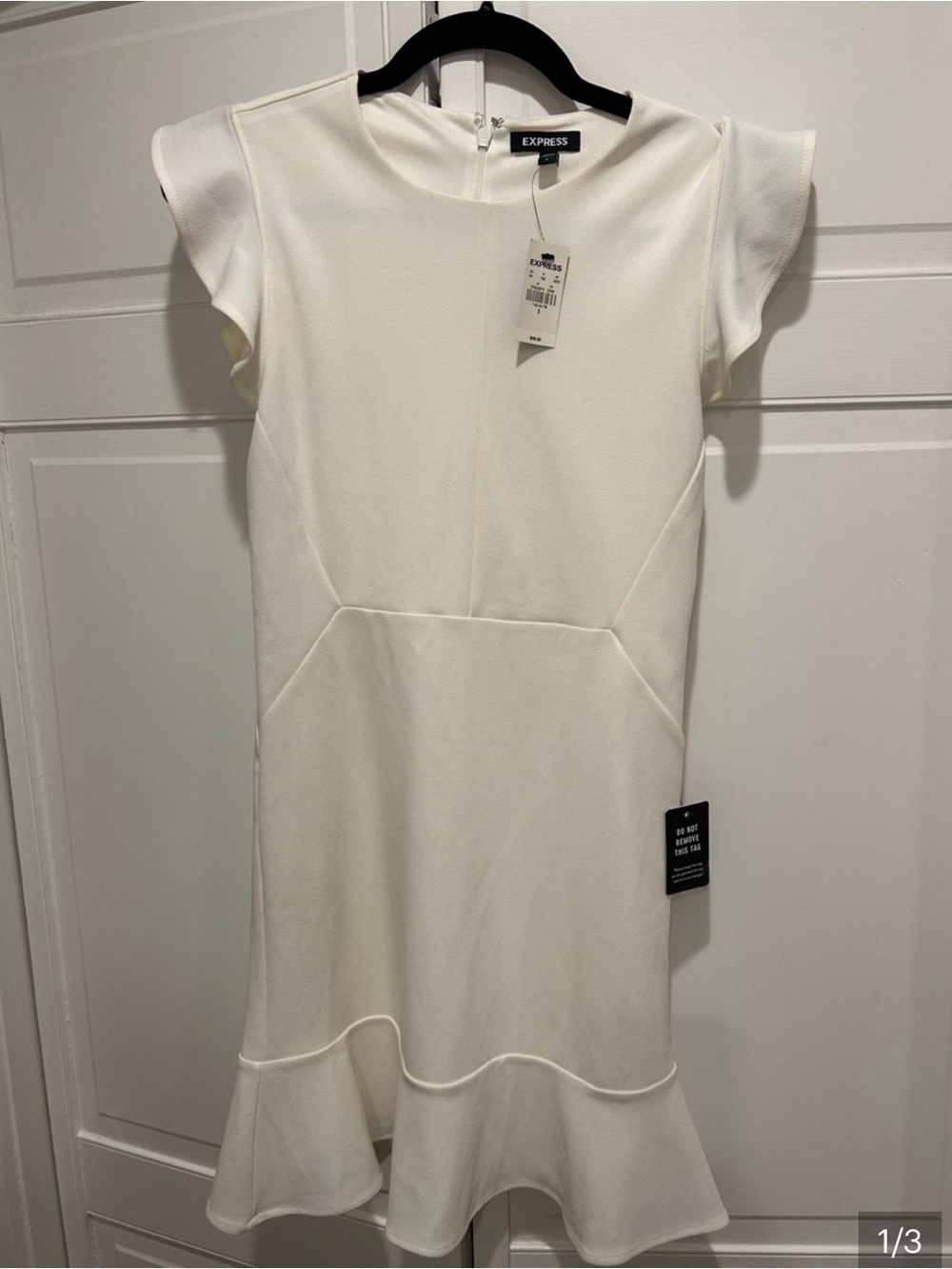 Express Cream Ruffle-Hem Sheath Dress